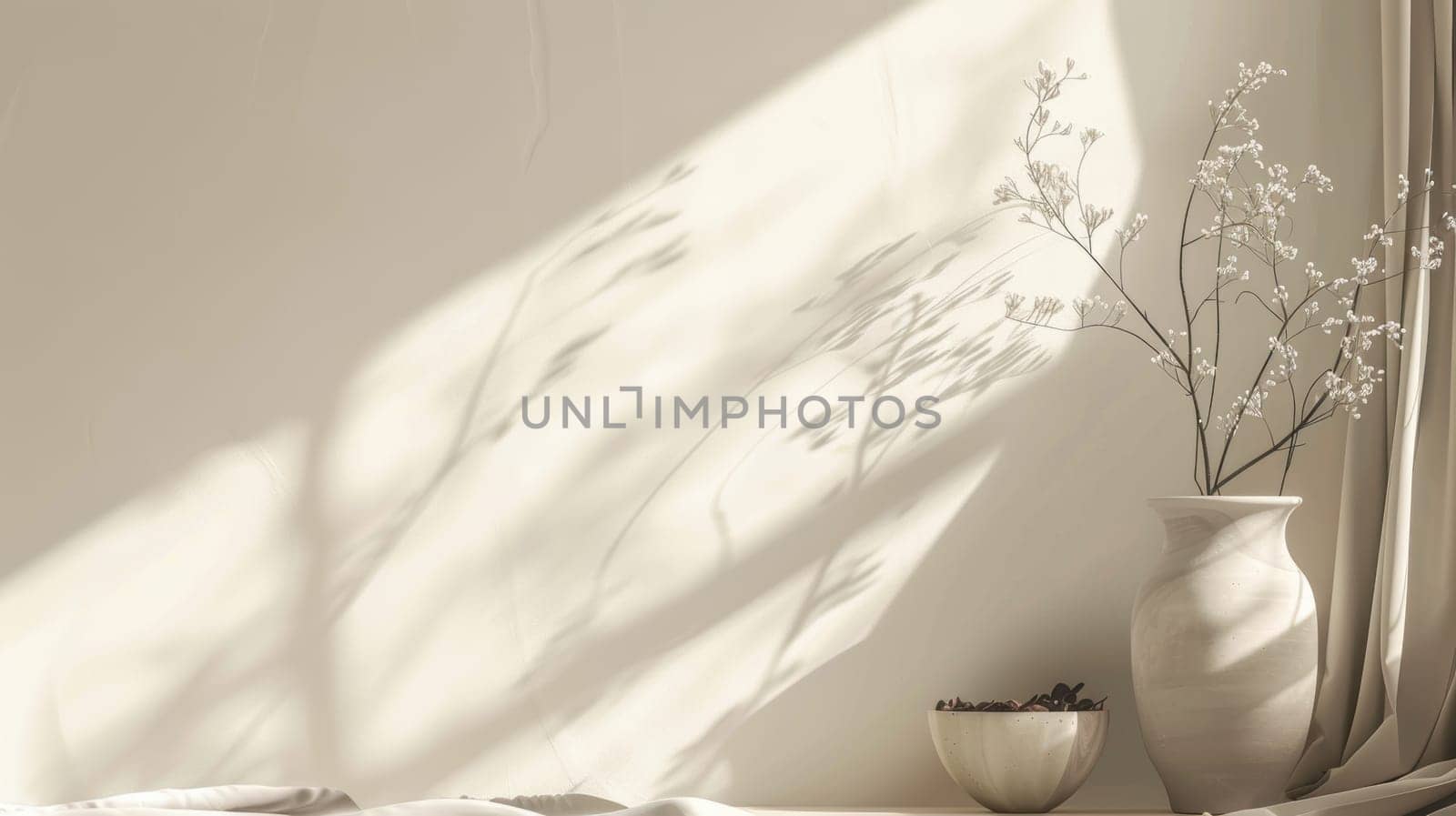 Minimalist interior space featuring a mocha mousse colored wall with elegant shadows, a white cup on a saucer, and a stylish vase holding dried grasses. captures the essence of simplicity and modern design in soft, neutral tones.