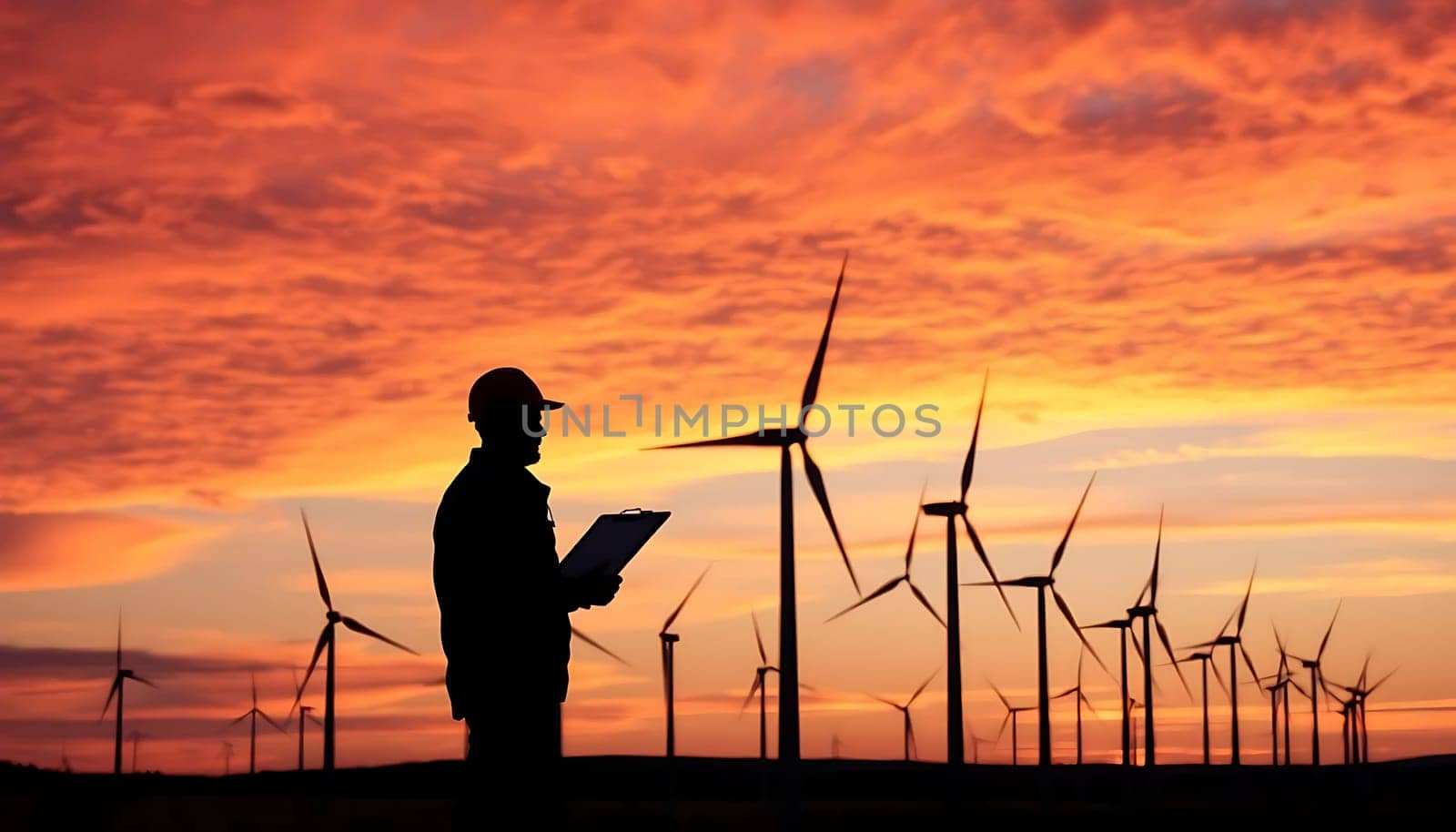 A silhouetted engineer stands amidst a wind farm at sunset, holding a clipboard. The vibrant sky and spinning turbines create a mood of innovation and sustainability.