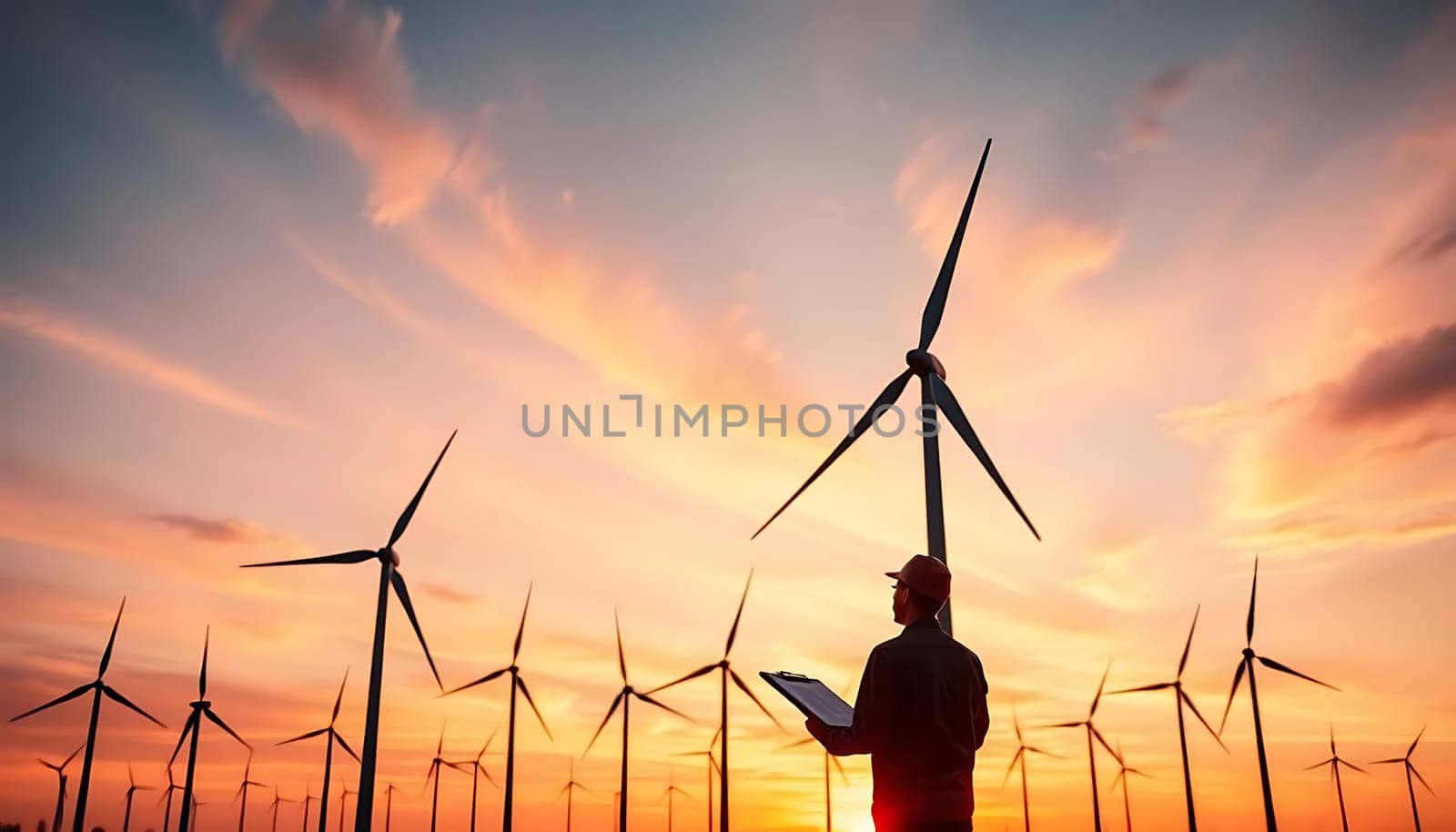 During a vibrant sunset, a worker with a tablet stands amidst a sprawling wind farm, silhouetted against towering turbines, evoking a sense of progress and sustainability.