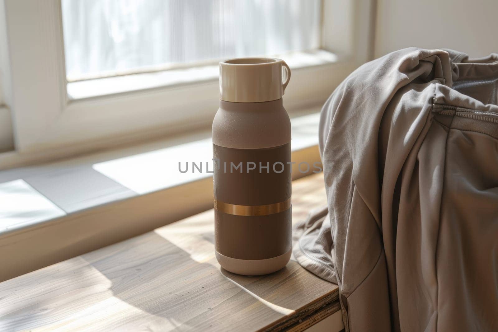 Featuring a mocha mousse-toned reusable water bottle on a gym bench, paired with workout gear in soft neutral shades. perfect for fitness-focused design elements or promoting eco-friendly hydration solutions in active settings.