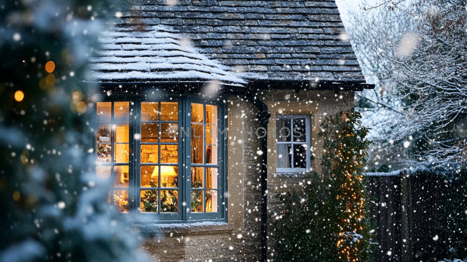 Christmas in the countryside, cottage decorated for holidays on a snowy winter evening with snow and holiday lights, English country styling inspiration