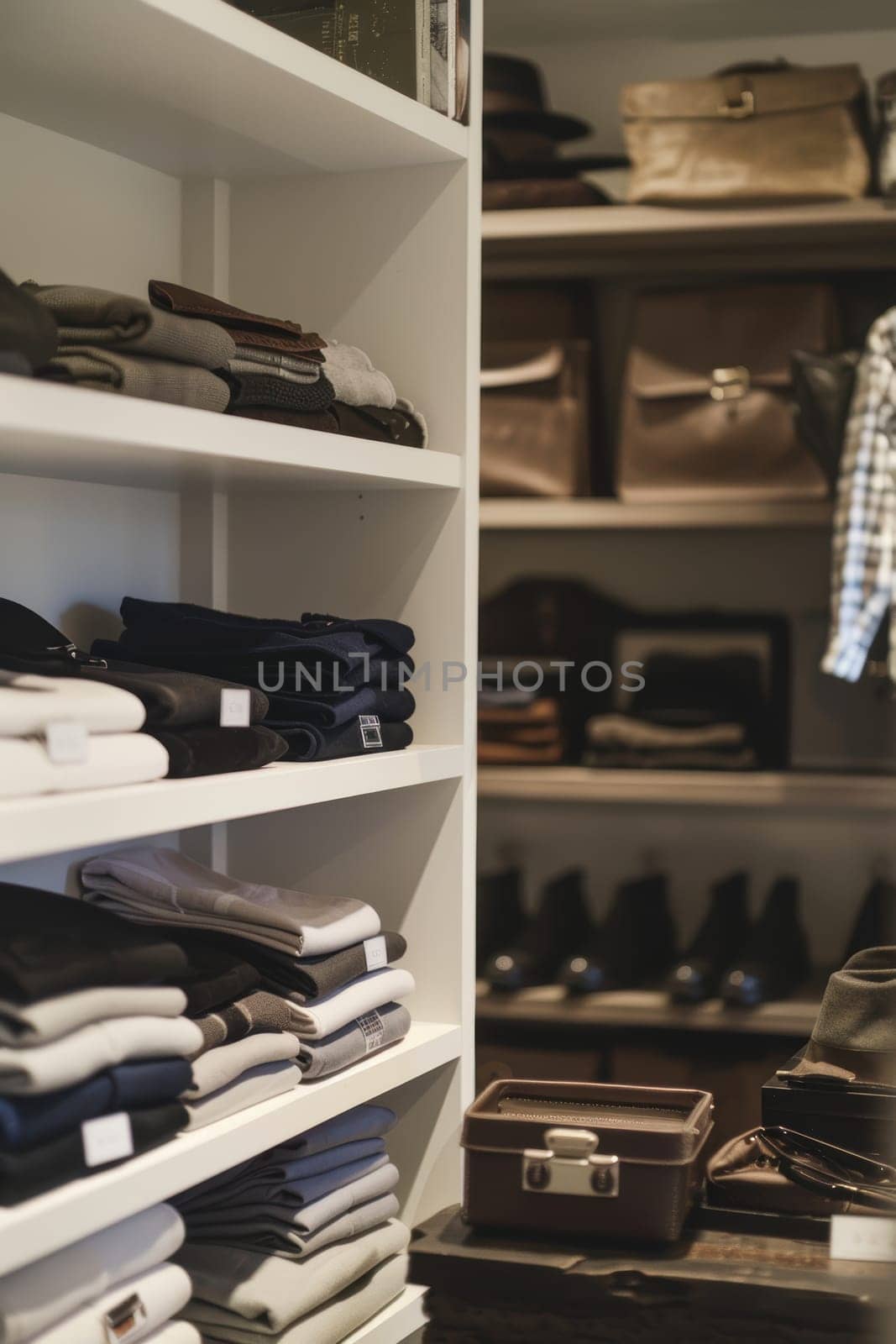 Chic boutique interior showcases a sophisticated arrangement with mocha mousse shelves. fashionable clothing and stylish accessories create a luxurious shopping experience, combining modern design elements with elegant functionality.