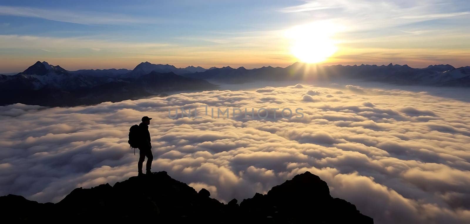 A lone hiker stands on a mountaintop, silhouetted against a breathtaking sunrise. Below, a sea of clouds stretches out like an ethereal ocean, with distant peaks piercing through. The mood is serene and inspiring, capturing the majesty of nature and the spirit of adventure.