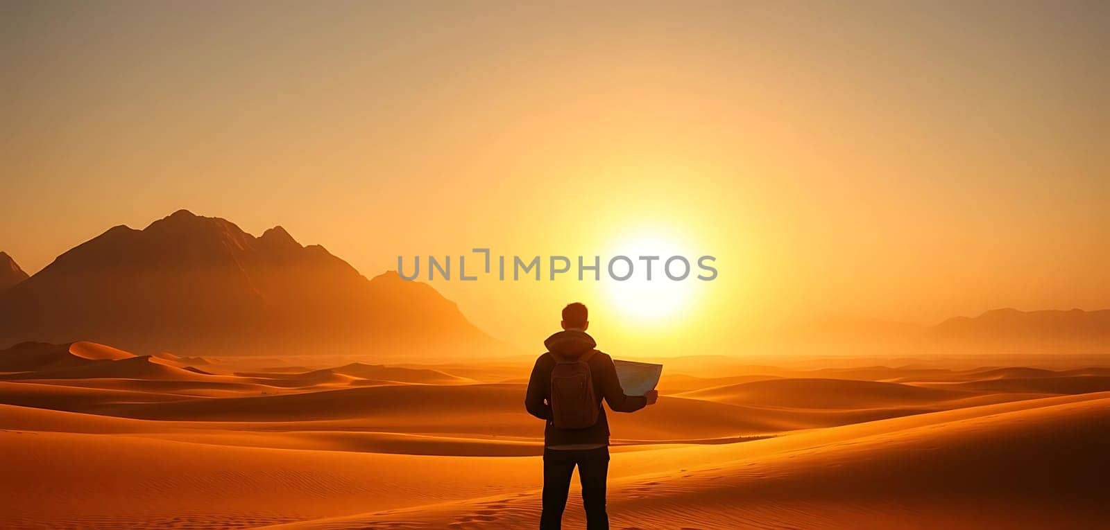 A lone figure stands amidst vast desert dunes at sunset, consulting a map. The setting sun casts a golden hue over the landscape, silhouetting distant mountains. The mood is one of solitude and exploration.