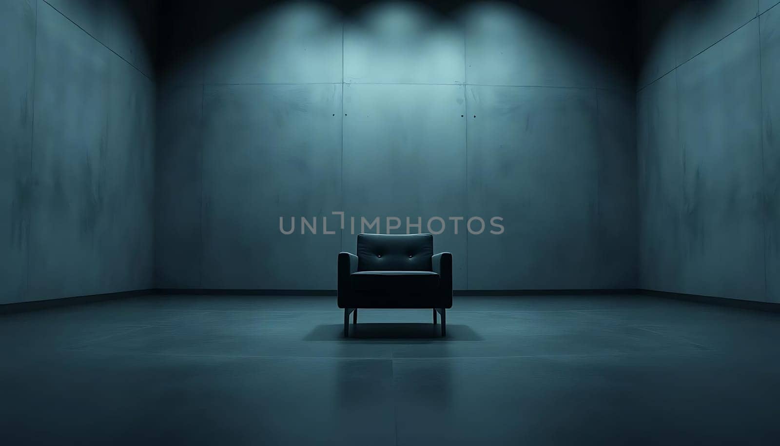 A solitary armchair sits in a stark, dimly-lit room with plain walls, creating an eerie, minimalist atmosphere. The chair, under a single overhead light, appears to wait for an unknown presence.