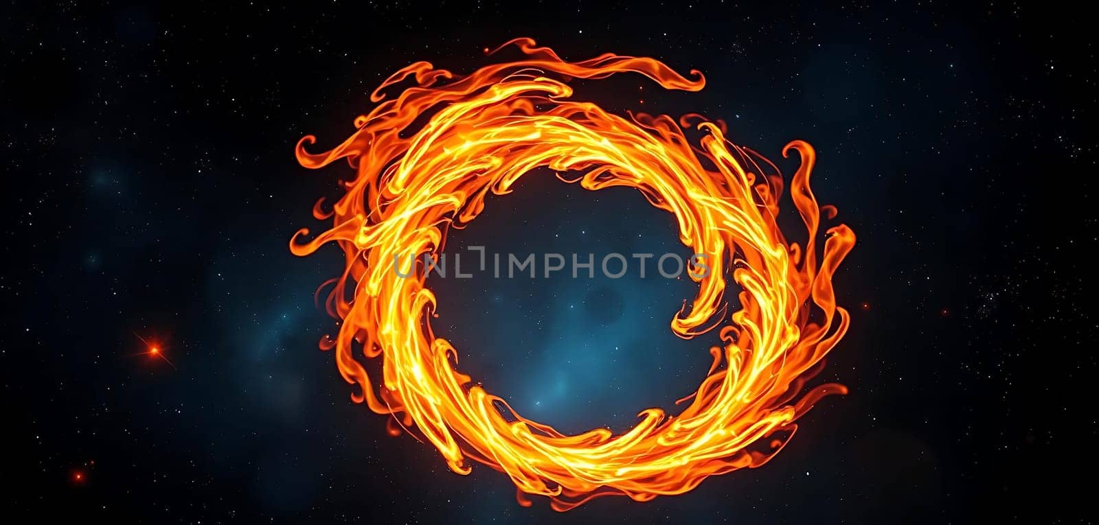 A cosmic fire ring swirls dramatically amidst a star-studded backdrop, evoking a mystical and fiery mood in the vast expanse of space. The vibrant flames contrast sharply with the cool, distant stars, creating an otherworldly spectacle.