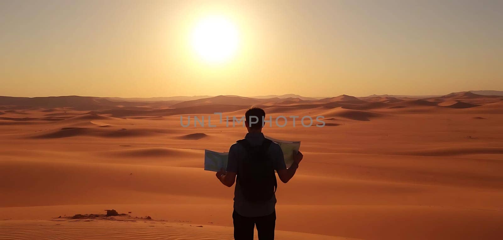A lone traveler, backlit by the setting sun, stands amidst vast desert dunes, holding a map. The expansive sandy landscape and the fading light evoke a sense of adventure and solitude.