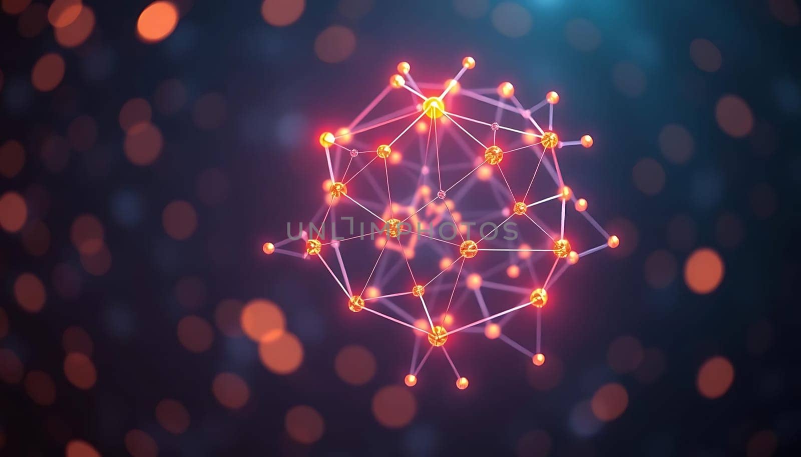 A radiant geometric network floats in a soft, bokeh-filled backdrop. Glowing nodes interconnect with lines, forming a complex web. The mood is futuristic and mystical, with warm hues blending into cooler tones.