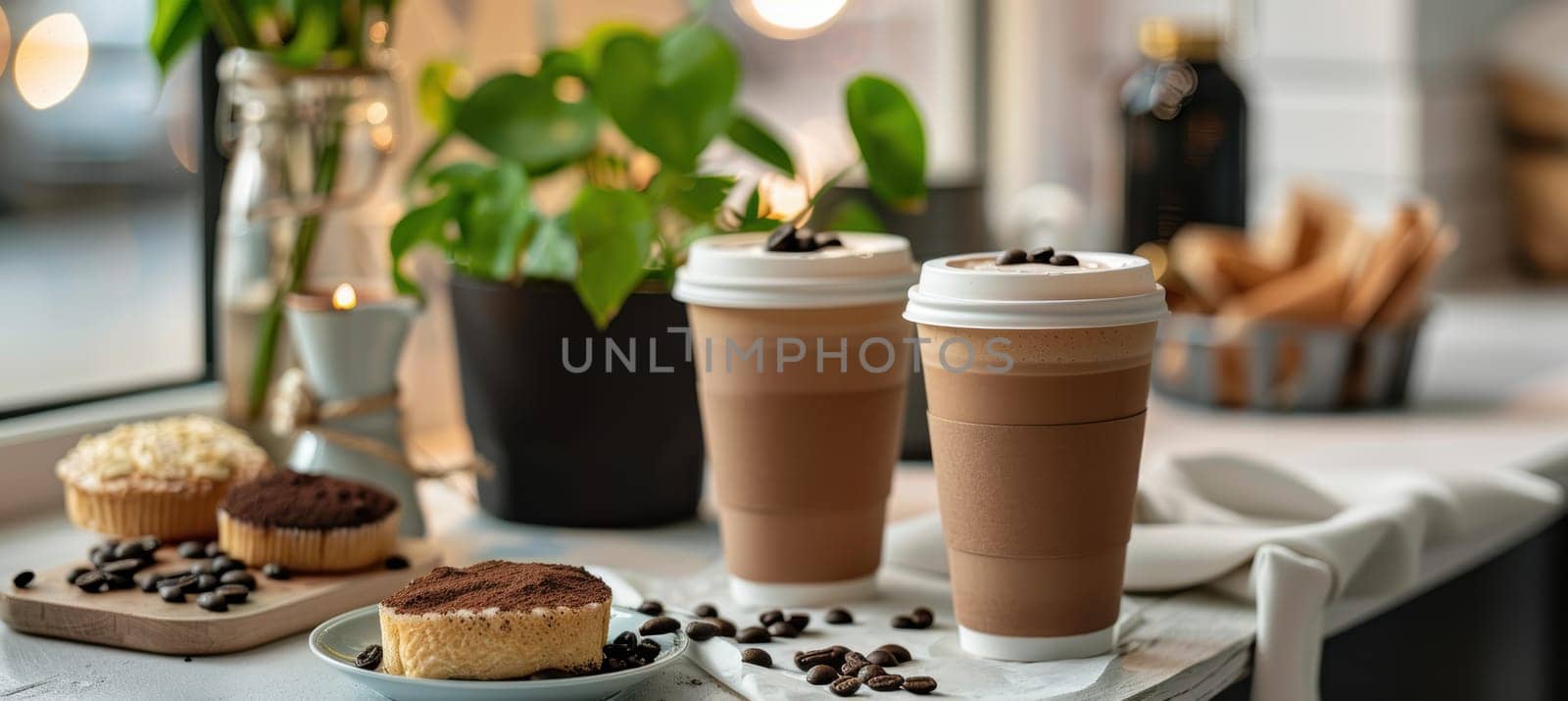 Mocha mousse coffee cups sit elegantly on a cafe table surrounded by pastries and modern decor. the warm ambiance of the contemporary cafe adds to the inviting atmosphere, perfect for enjoying a relaxing coffee break.