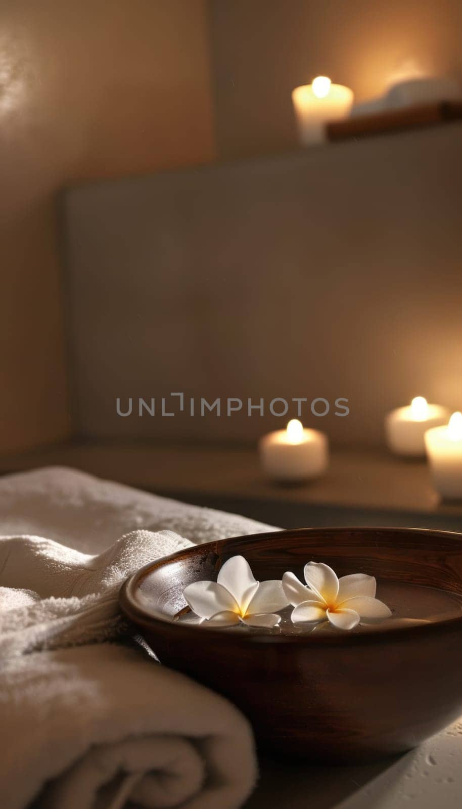 Tranquil spa setting featuring mocha mousse towels, a plush white bathrobe, and a bowl with delicate floating flowers. the scene is softly illuminated, creating a calming atmosphere ideal for relaxation and rejuvenation.