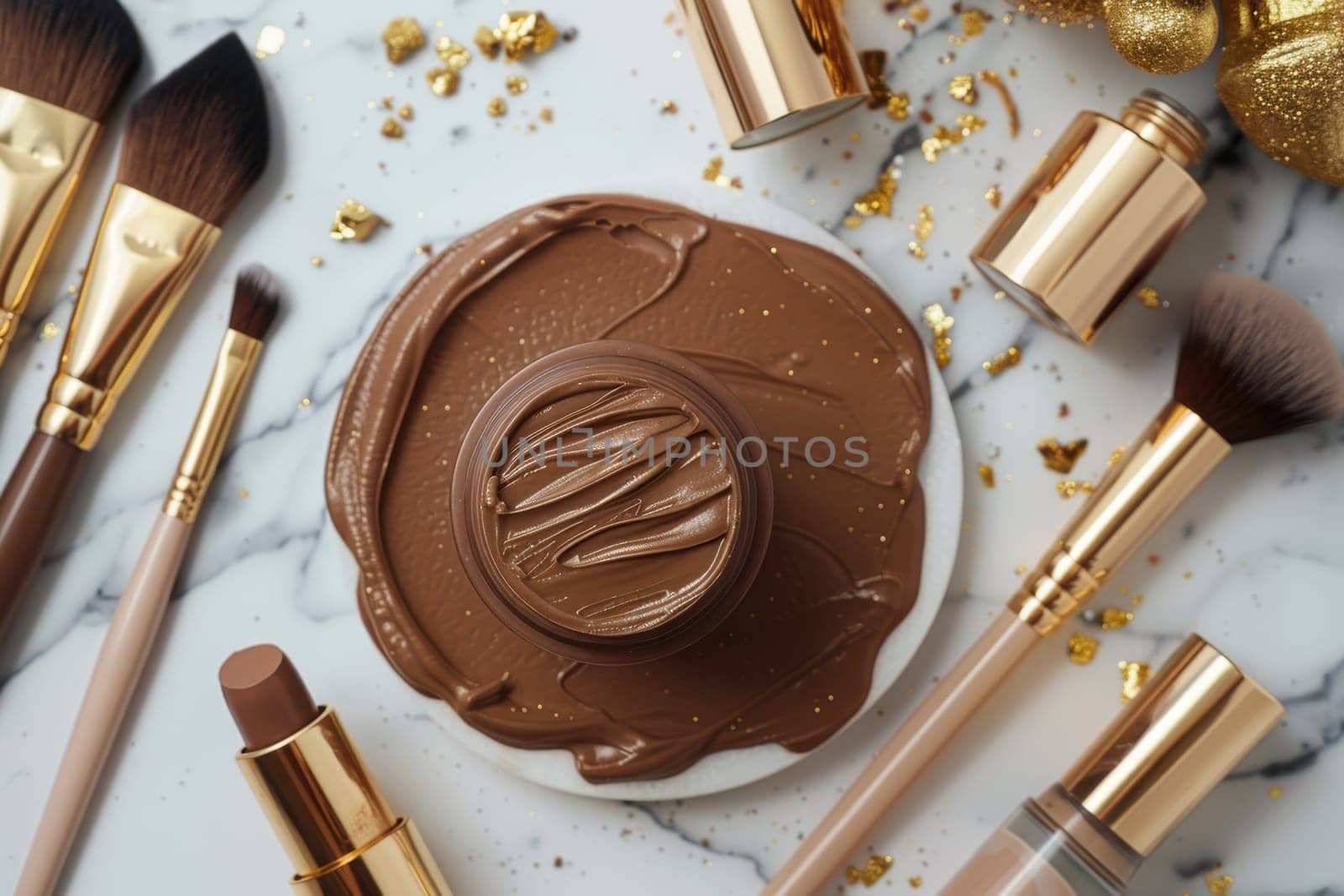 A sophisticated flat lay of mocha mousse makeup products set on a marble surface highlighted with gold accents. the arrangement includes various cosmetics like lipsticks, brushes, and foundation jars, showcasing luxury and elegance.