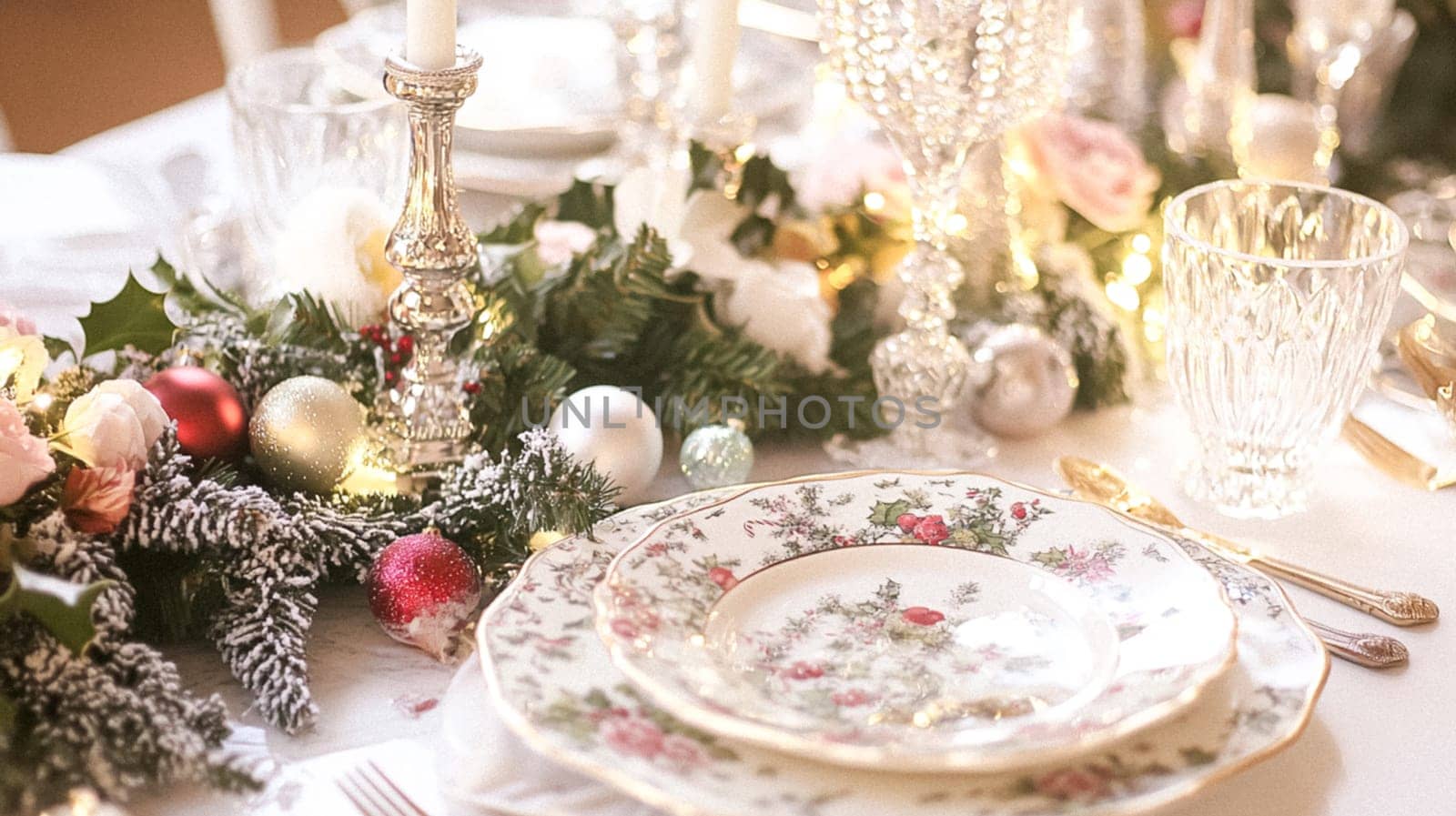 Christmas tablescape decoration, formal family dinner holiday celebration, luxury table setting decor, English country and home style idea
