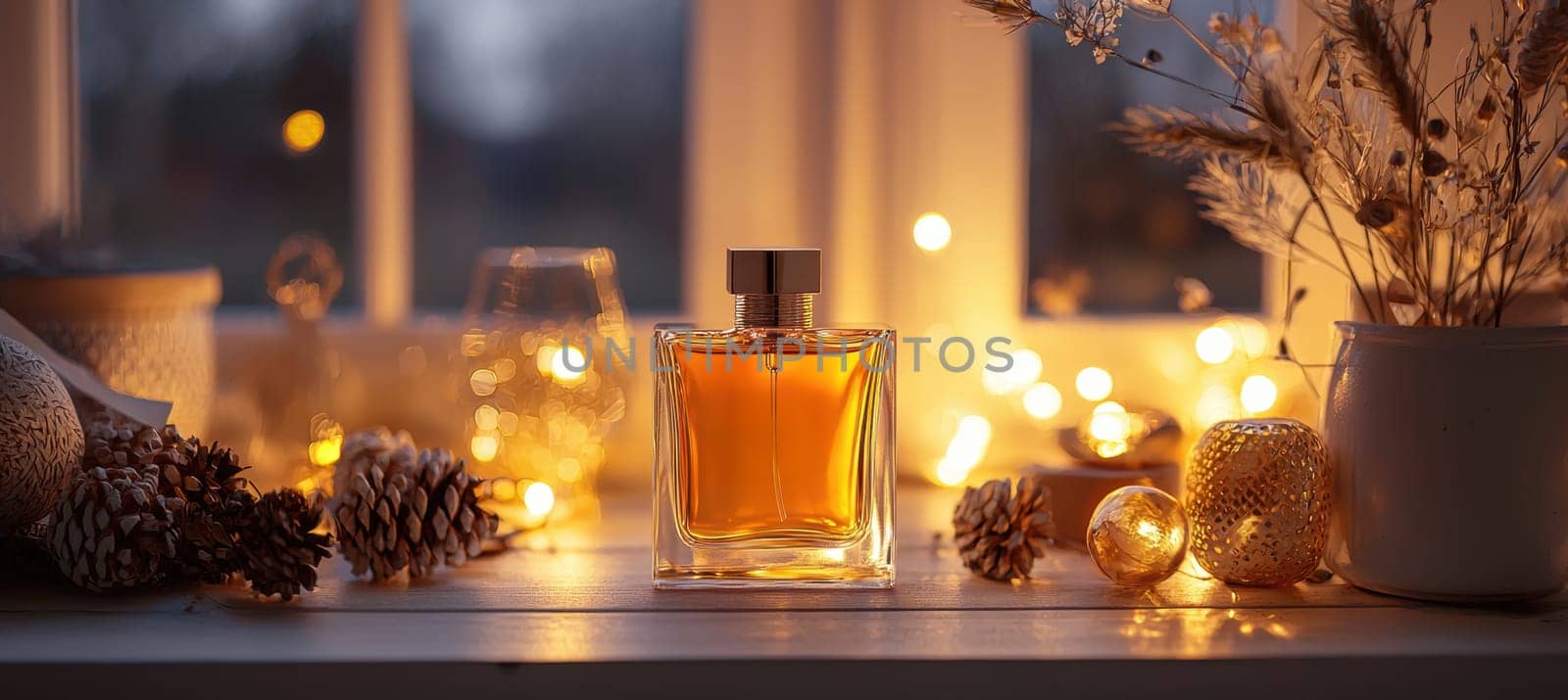 A rectangular sticker featuring elegant typography is displayed on a sophisticated glass perfume bottle. it is surrounded by soft ambient lighting and luxury props, creating a sense of refinement and elegance in the scene.