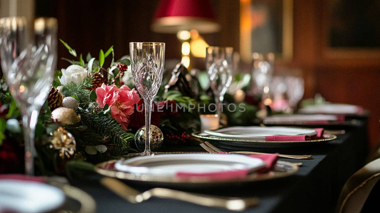 Christmas tablescape decoration, formal family dinner holiday celebration, luxury table setting decor, English country and home style idea