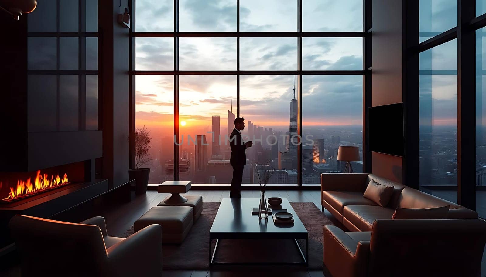 A solitary figure stands by expansive windows, silhouetted against a cityscape at sunset. The luxurious, dimly lit room features a flickering fireplace and modern furniture. The mood evokes contemplation and tranquility amidst urban grandeur.