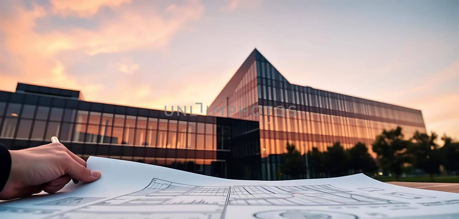 A hand holds a detailed architectural blueprint against the backdrop of a striking modern building at sunset. The setting exudes creativity and precision, with warm hues painting the sky and the building's sleek design promising innovation.