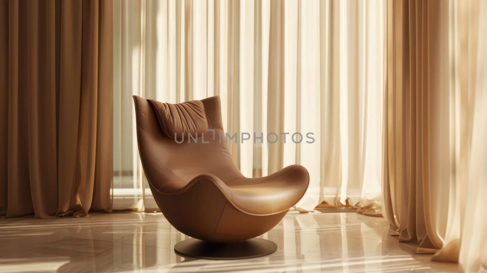 A luxurious mocha leather lounge chair sits elegantly by a floor-to-ceiling window, complemented by soft beige curtains. the setting exudes sophistication and comfort, ideal for modern interior design, relaxation, or reading spaces.