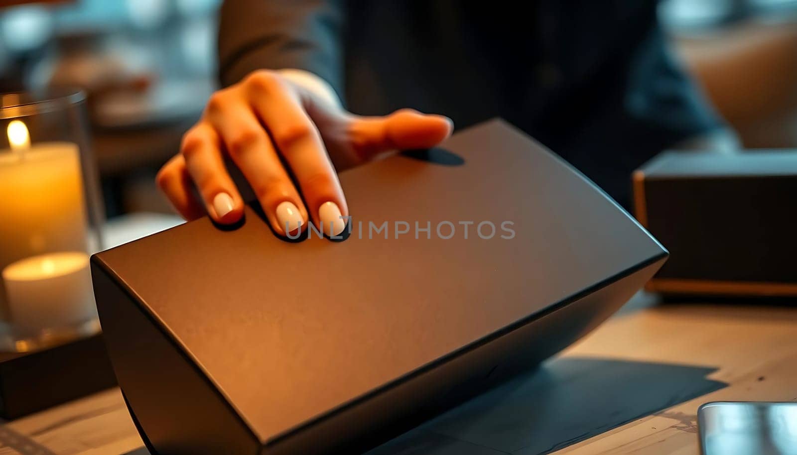 A sleek, black gift box branded "YEALS.GINE" rests on a warm, candlelit table. A hand gently touches the box, suggesting anticipation or curiosity in a cozy, intimate setting.