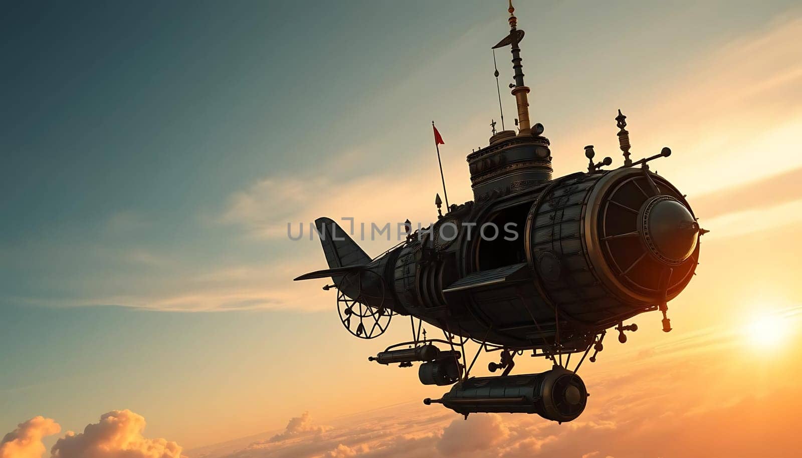 A steampunk-inspired airship soars through a golden sunset, with intricate gears and propellers. The mood is adventurous, evoking vintage exploration amidst a dreamy sky.