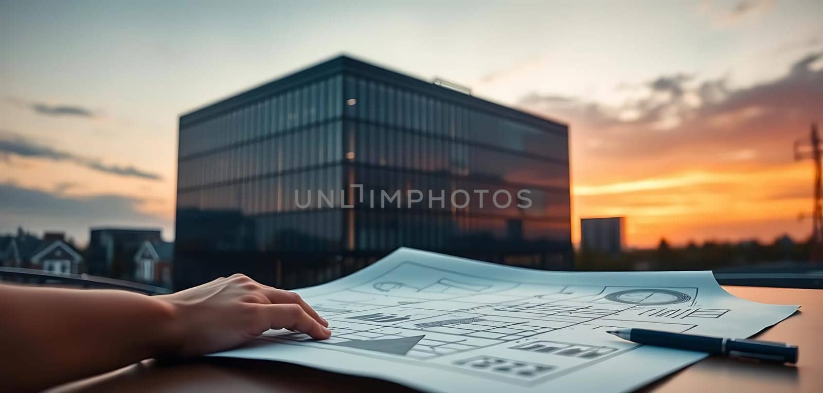 An architect's hand poised over detailed blueprints as the sun sets behind a sleek, modern building, casting an inspiring glow. Pencils and a compass lie nearby, hinting at creativity in progress. The serene backdrop of distant houses and a clear sky adds a calming contrast to the focused work.