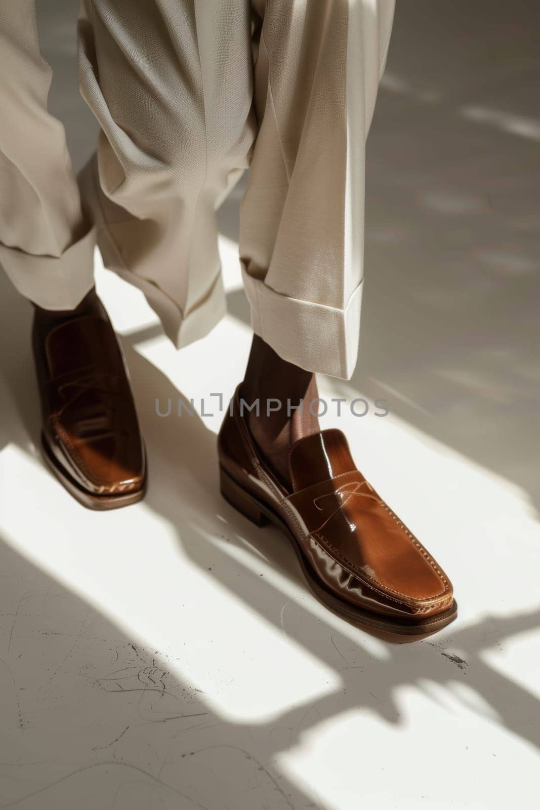 Mocha mousse loafers paired with beige trousers and a white shirt create a sophisticated, stylish ensemble. the bright studio lighting enhances the warmth and elegance of the footwear, offering an ideal look for fashion-forward individuals.