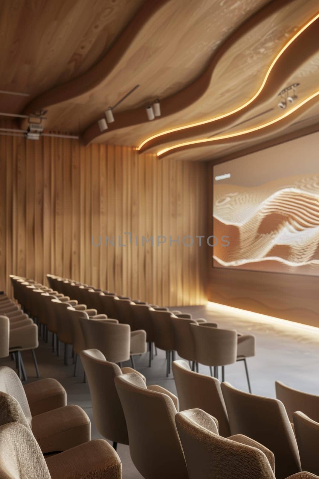 Modern lecture hall featuring sleek mocha mousse chairs and a state-of-the-art interactive digital board, perfect for contemporary education or corporate presentations, emphasizing comfort and advanced technology.