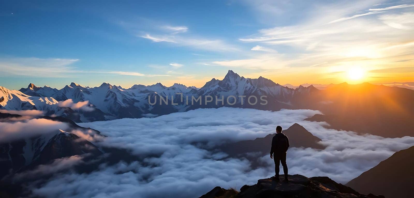 A lone hiker stands atop a peak, overlooking a dramatic sea of clouds and snow-capped mountains. The sunrise casts a golden glow, creating an awe-inspiring and serene atmosphere, with rugged peaks piercing the sky.
