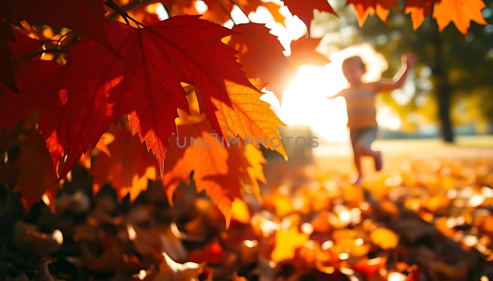 In a vibrant autumn setting, a child joyfully jumps amidst a carpet of fallen leaves. The foreground features striking red and orange maple leaves, with the warm glow of the setting sun enhancing the scene's playful and serene atmosphere.