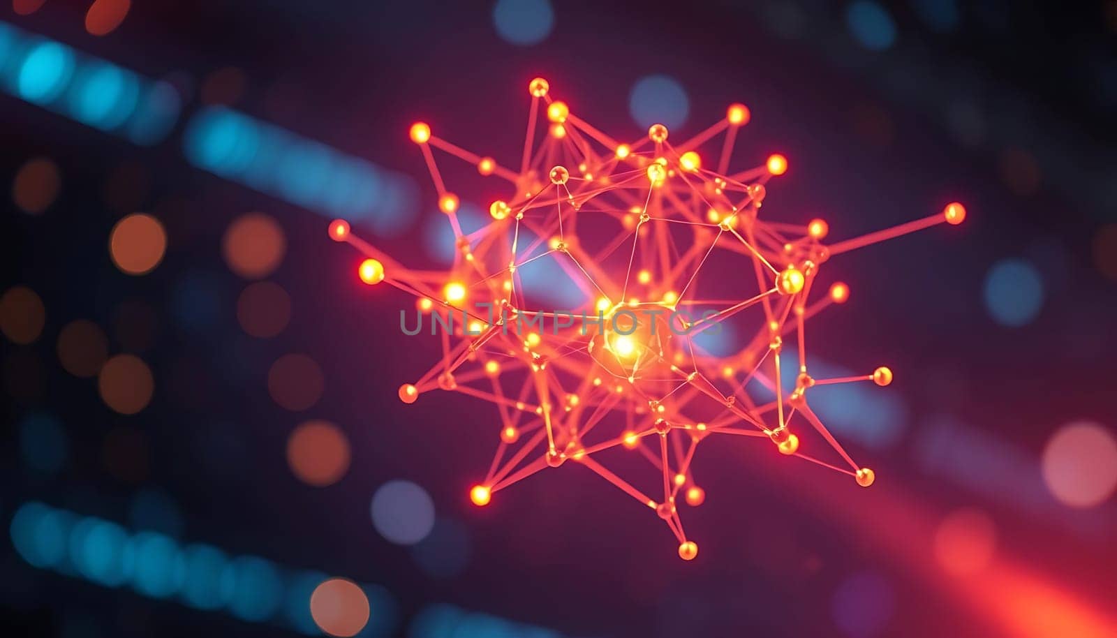 A vibrant, glowing network of interconnected nodes radiates from a central point, evoking a futuristic, technological mood. Surrounded by soft, colorful bokeh lights, this digital web suggests a complex data structure or neural network.