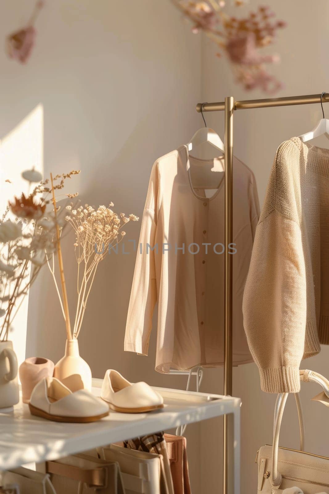 Elegant boutique clothing rack displaying mocha mousse garments, softly illuminated, arranged with coordinating pastel accessories. the scene showcases a perfect blend of modern fashion aesthetics and understated luxury.