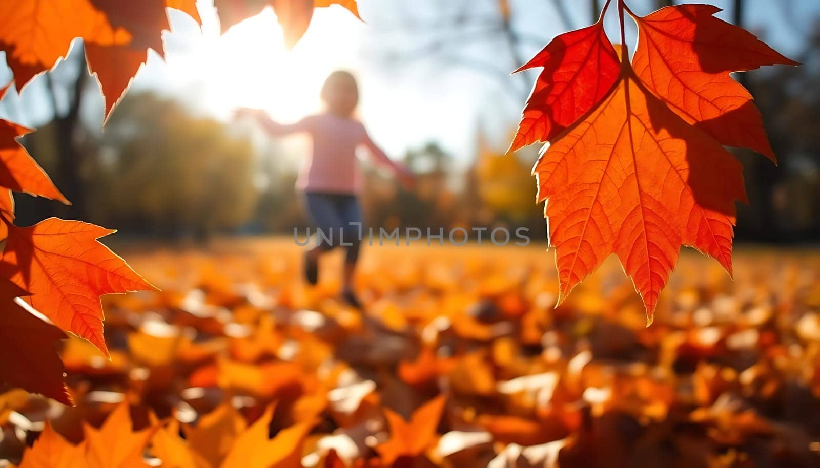A joyful child dances in an autumnal park, surrounded by vibrant, fallen maple leaves. The warm sunlight filters through the trees, creating a serene and playful mood. The child's movement suggests carefree delight amidst nature's seasonal transition.