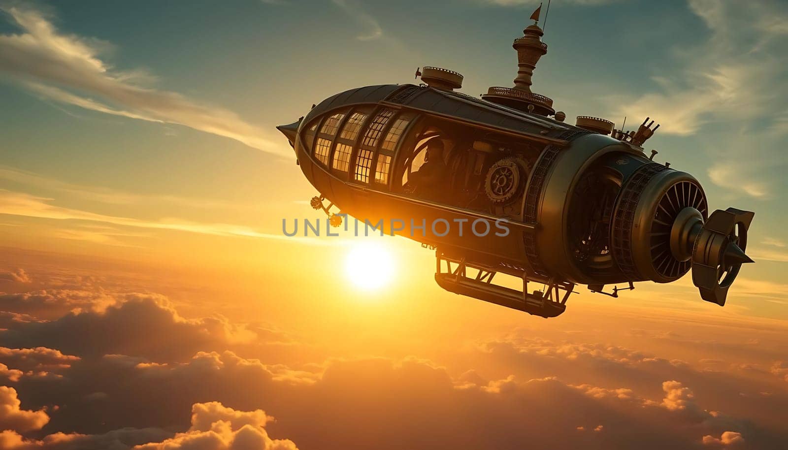 A steampunk airship, detailed with gears and observatory windows, cruises above golden clouds at sunset. The sky is painted with hues of orange and blue, evoking a sense of adventure and wonder.