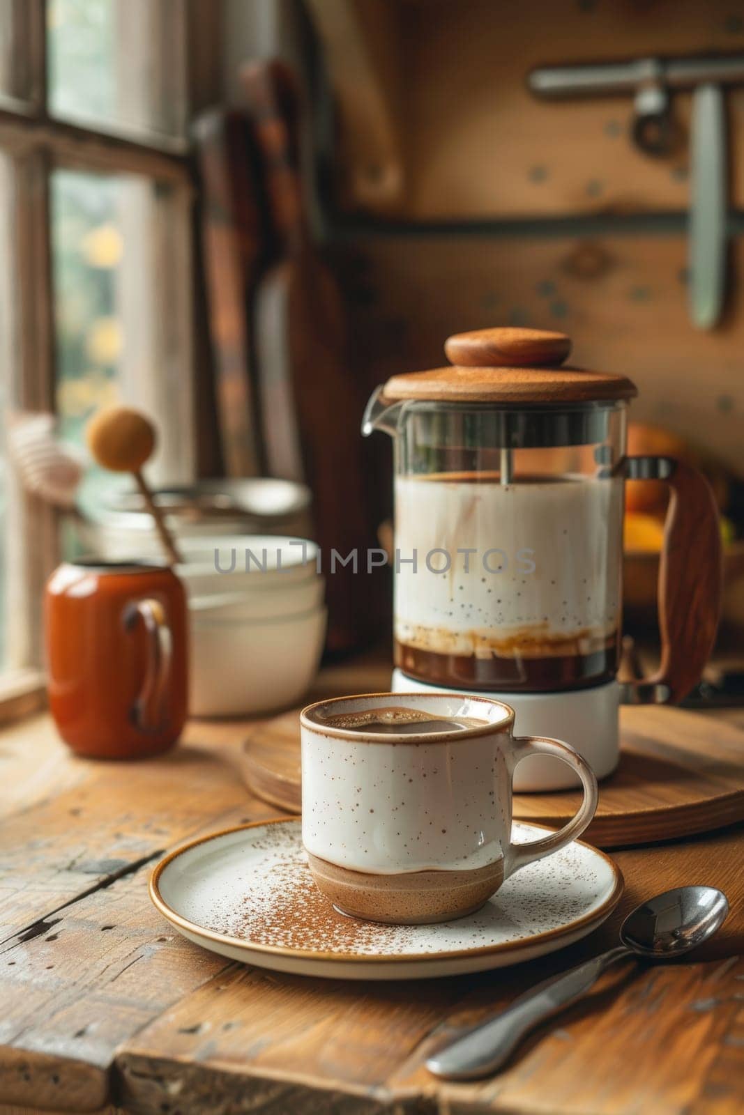 A cozy coffee setup featuring a mocha mousse coffee in a ceramic mug with a matching saucer. a french press stands nearby on a rustic wooden counter, surrounded by coffee beans. ideal for cafe-inspired designs and warm, inviting settings.