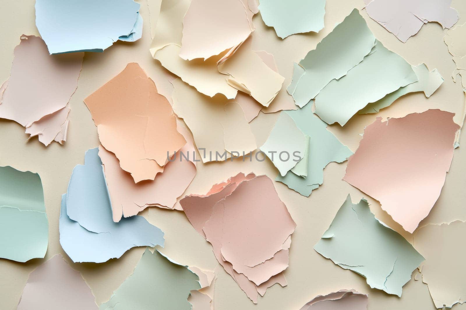 Pastel paper scraps in soft hues are arranged artistically on a beige background, creating a visually appealing flat lay. ideal for lifestyle branding, marketing materials, and social media content, offering a subtle, creative aesthetic.