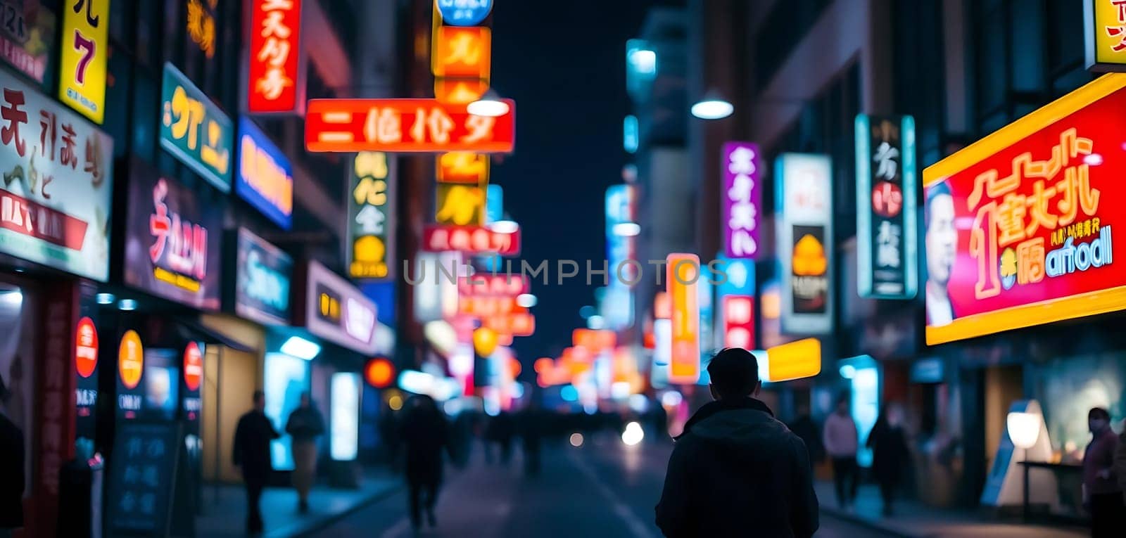 Vibrant neon lights illuminate a bustling Japanese street at night. Amidst the colorful signage, a lone individual strolls down the sidewalk, creating a mood of tranquility within urban energy. The scene captures the lively essence of a night out in a city filled with endless entertainment options.