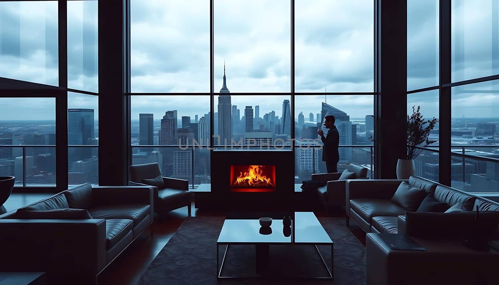In a sleek, modern high-rise apartment, a man stands by floor-to-ceiling windows, gazing at a moody cityscape under a cloudy sky. Inside, contemporary black leather furniture surrounds a vibrant fireplace, creating a cozy contrast to the bustling city outside.