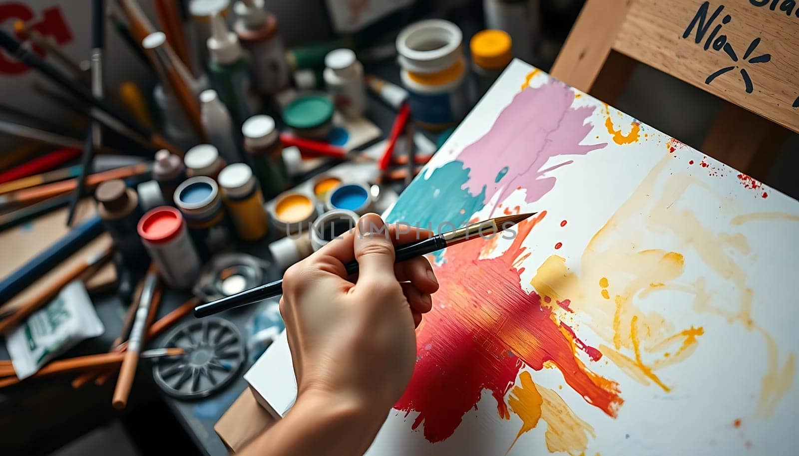 Amidst a creative chaos, a hand gracefully wields a paintbrush, bringing vibrant hues to life on canvas. Surrounded by an array of art supplies, the scene exudes a mood of artistic inspiration and dynamic energy.