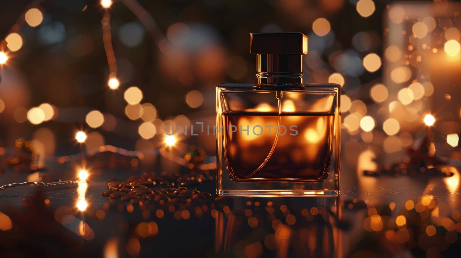 Mocha mousse perfume bottle elegantly labeled, set amidst glowing string lights on a wooden surface. soft focus creates a dreamy ambiance, perfect for holiday decorations and festive displays. ideal for showcasing luxury fragrance.