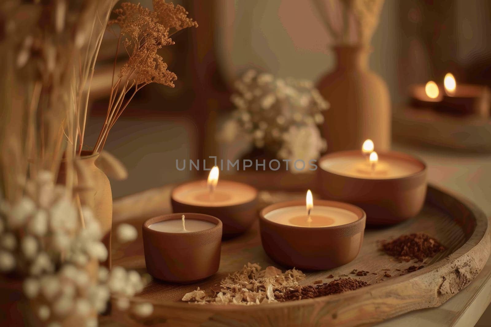 Mocha mousse candles radiate warmth amidst a rustic setting with dried flowers and wooden trays. the soft, warm lighting accentuates the earthy tones, creating a cozy atmosphere ideal for home decor inspiration or autumn-themed designs.