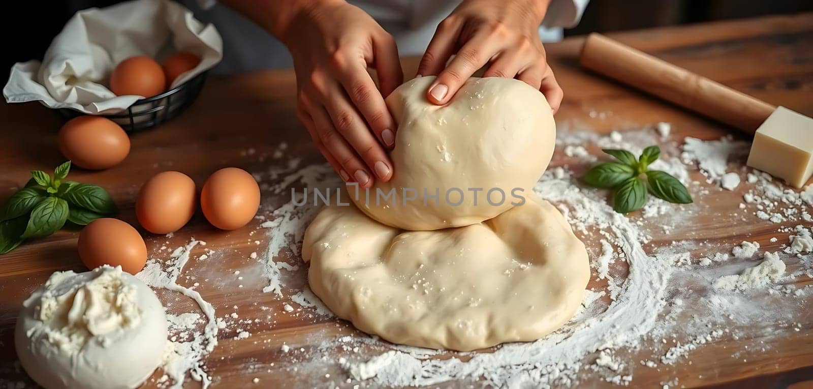 In a cozy kitchen, hands delicately shape smooth dough on a floured wooden surface. Surrounded by fresh eggs, basil, and blocks of cheese, the scene exudes a sense of culinary warmth and creativity.