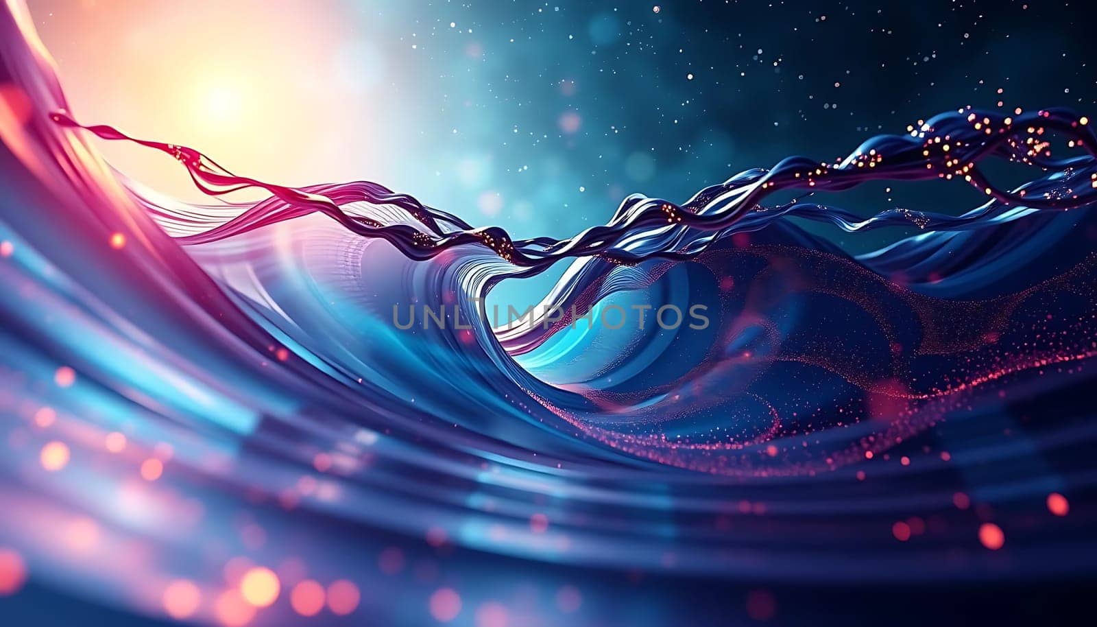 Fluid waves of vibrant red and blue swirl in a cosmic dance, evoking a dynamic, otherworldly mood. Luminous particles sparkle around a central, glowing orb, suggesting a nebula's mystical birth amidst the ethereal darkness.