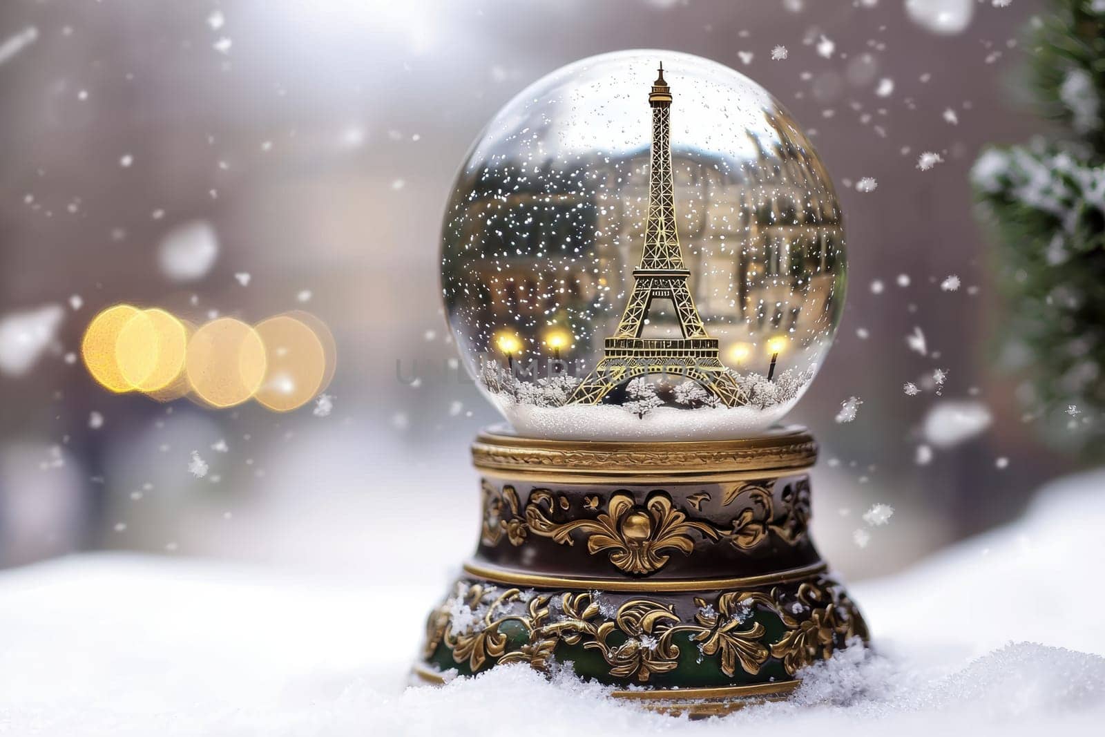 A delicate snow globe showcasing the iconic eiffel tower amidst softly falling snow and warmly glowing streetlights. elegantly designed with fleur de lis patterns on the base, perfect for bringing parisian charm to holiday decor.