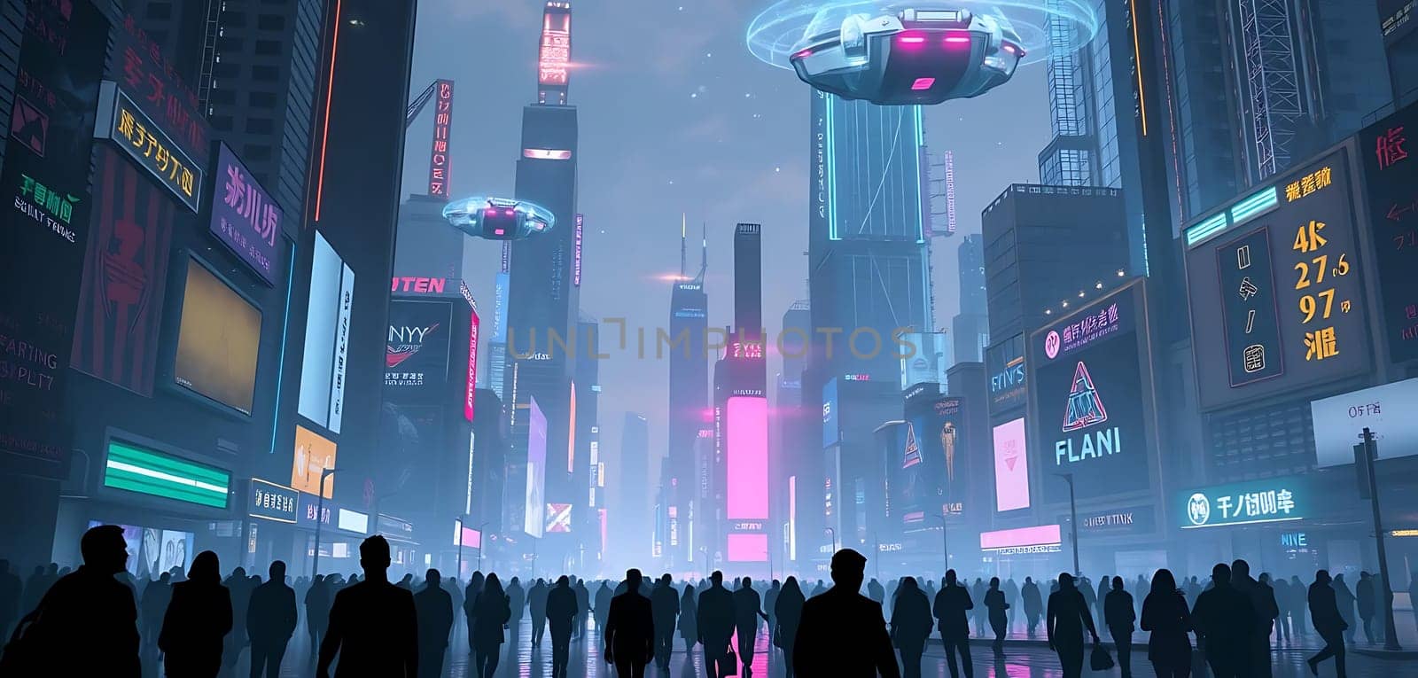 In a bustling, neon-lit cyberpunk city, towering skyscrapers adorned with vibrant advertisements loom over a crowded street. Above, futuristic flying vehicles cast a soft glow, enhancing the mystical, futuristic mood. People gather, silhouetted against the dazzling backdrop.