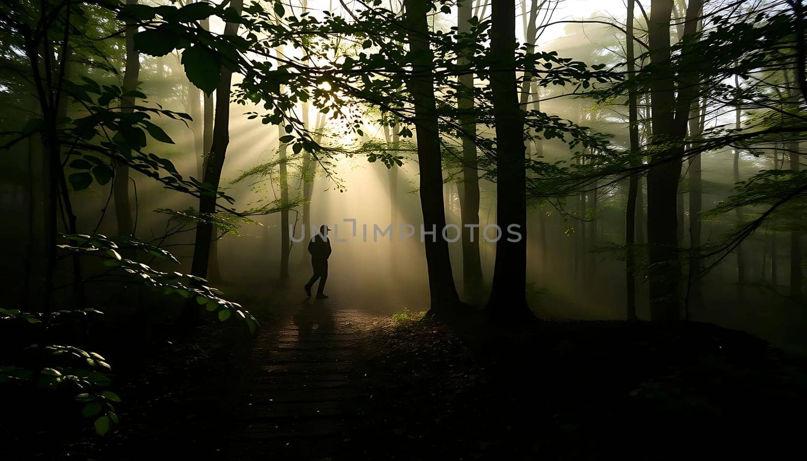 A solitary figure journeys through a misty forest, sunlight piercing the dense canopy, casting an ethereal glow. The serene, mystical mood is enhanced by the tall, shadowy trees and the soft, foggy atmosphere.