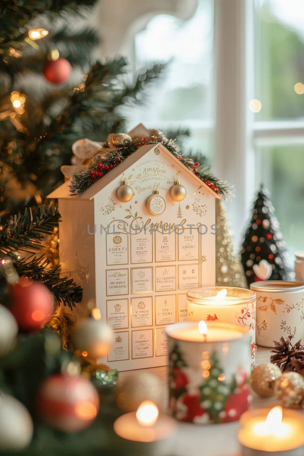 An advent calendar featuring daily inspirational quotes in elegant typography, set on a wooden desk. surrounded by cozy holiday elements like glowing candles, pine cones, and a softly lit christmas tree in the background.
