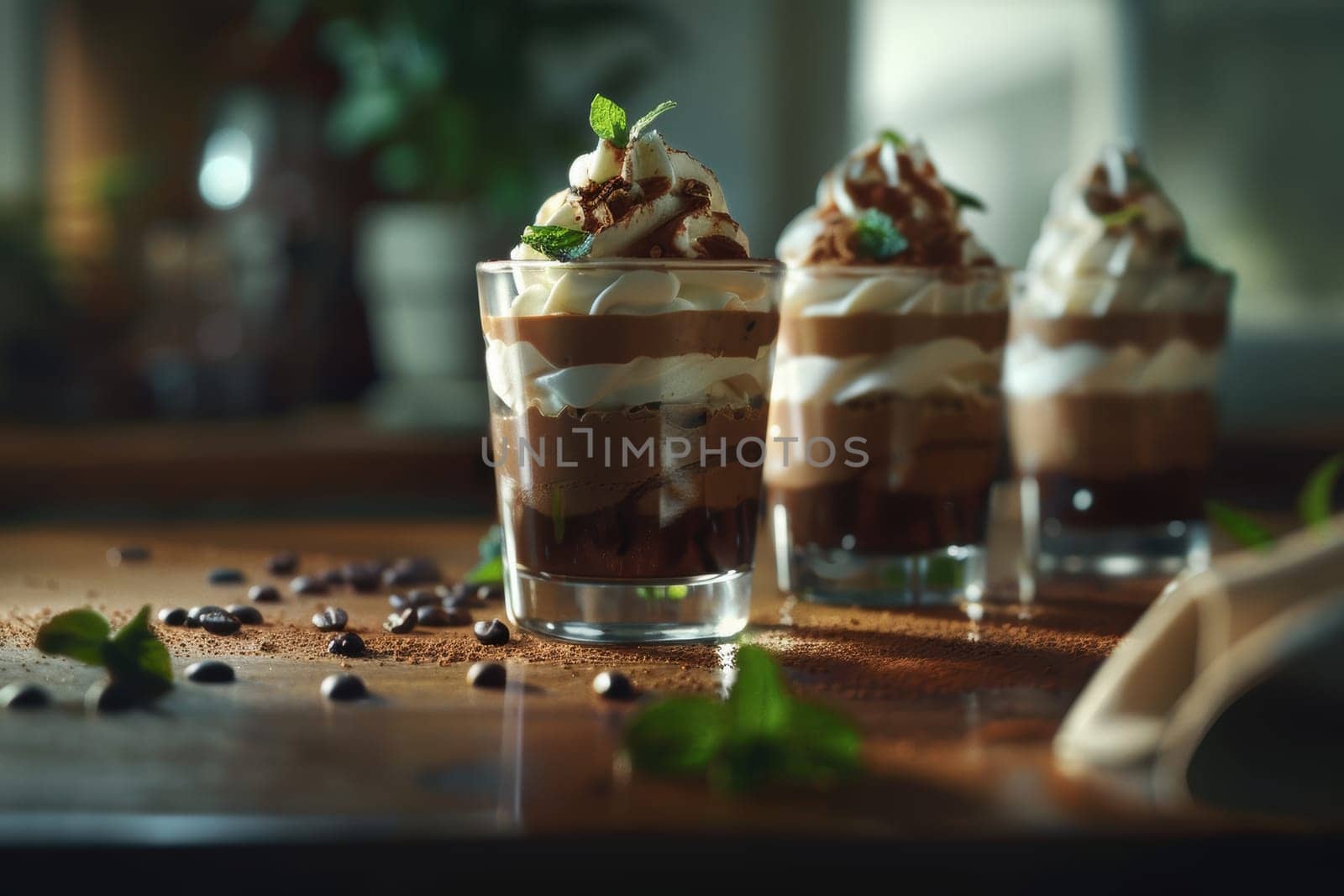 Gourmet mocha mousse parfaits presented in elegant glass jars, topped with swirls of whipped cream and a fresh mint sprig. set in a tranquil environment with soft, natural lighting enhancing the textures and colors, creating a sophisticated dessert presentation.