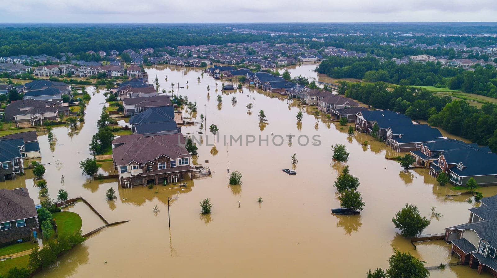 Aerial view of flooded suburban neighborhood with houses surrounded by water after natural disaster