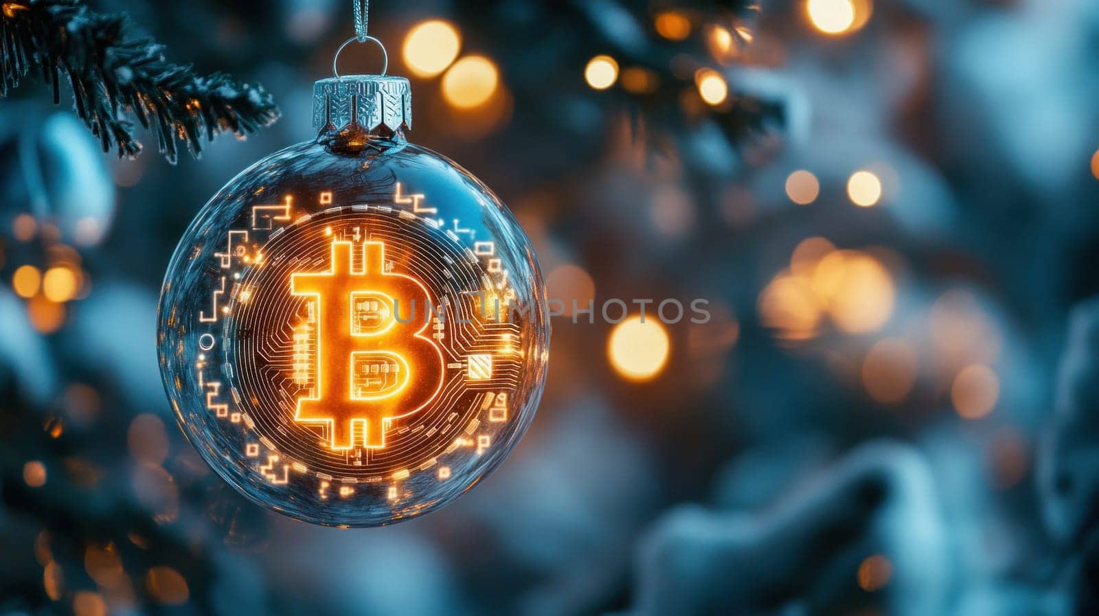 Christmas bauble ornament with glowing bitcoin symbol hanging on decorated christmas tree with festive lights