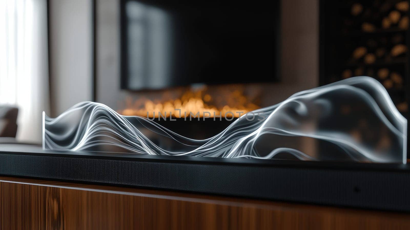 Vibrant die-cut sticker showcasing an abstract wave design on a high-tech soundbar within a contemporary home theater. emphasizes the fusion of modern art and technology in sleek, minimalist environments, enhancing audio-visual aesthetics.