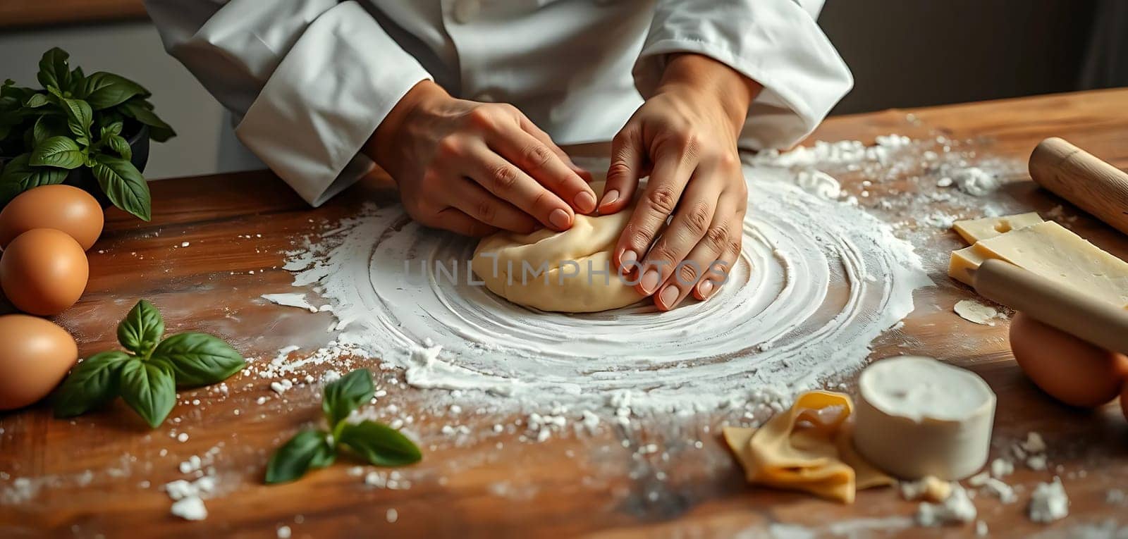 In a cozy kitchen, hands skillfully knead dough on a floured wooden surface. Eggs, fresh basil, and a rolling pin hint at a culinary creation in progress, evoking a sense of warmth and culinary craftsmanship.